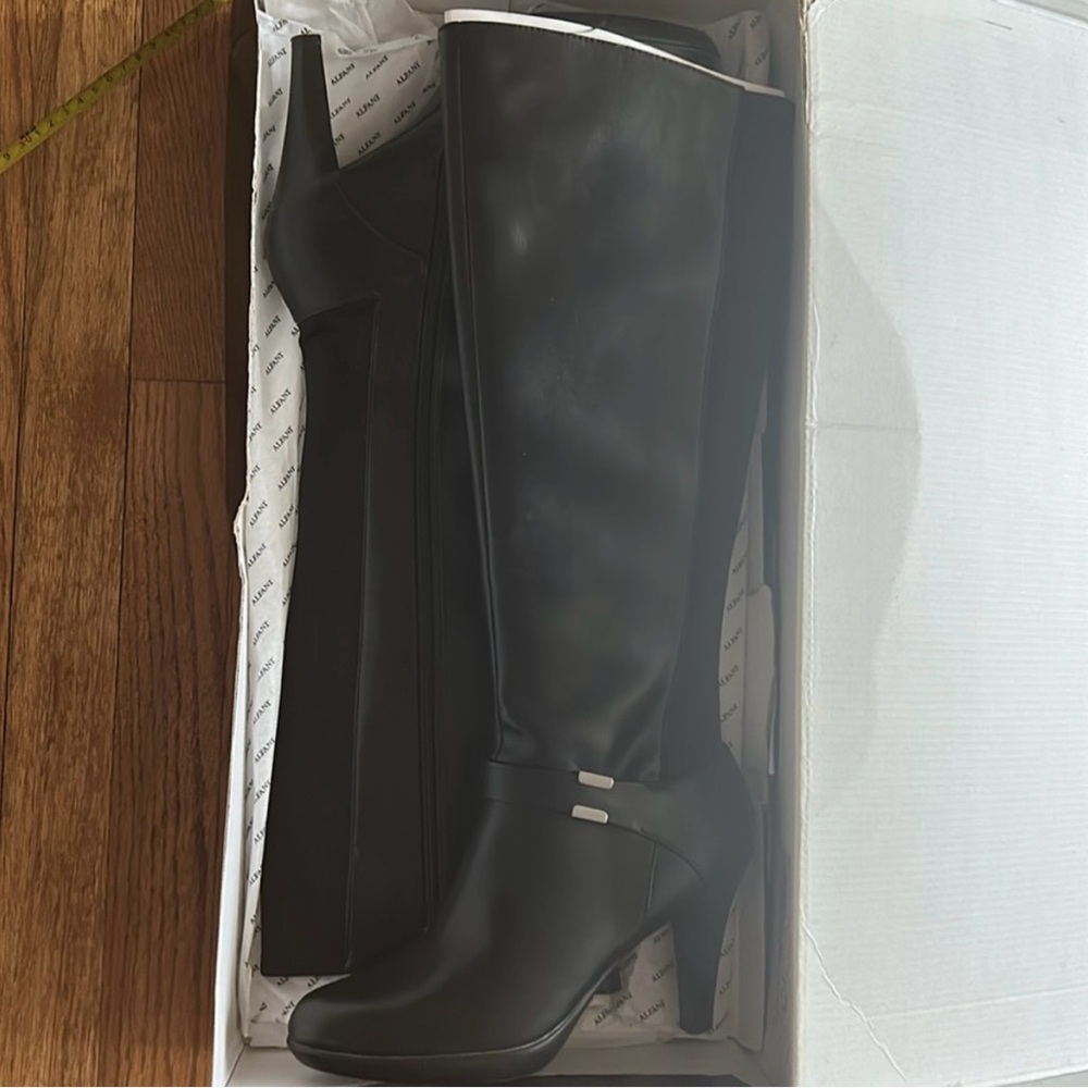 Alfani Step N Flex Elegant Black Knee-High Tall Black Faux Leather Boots NIB